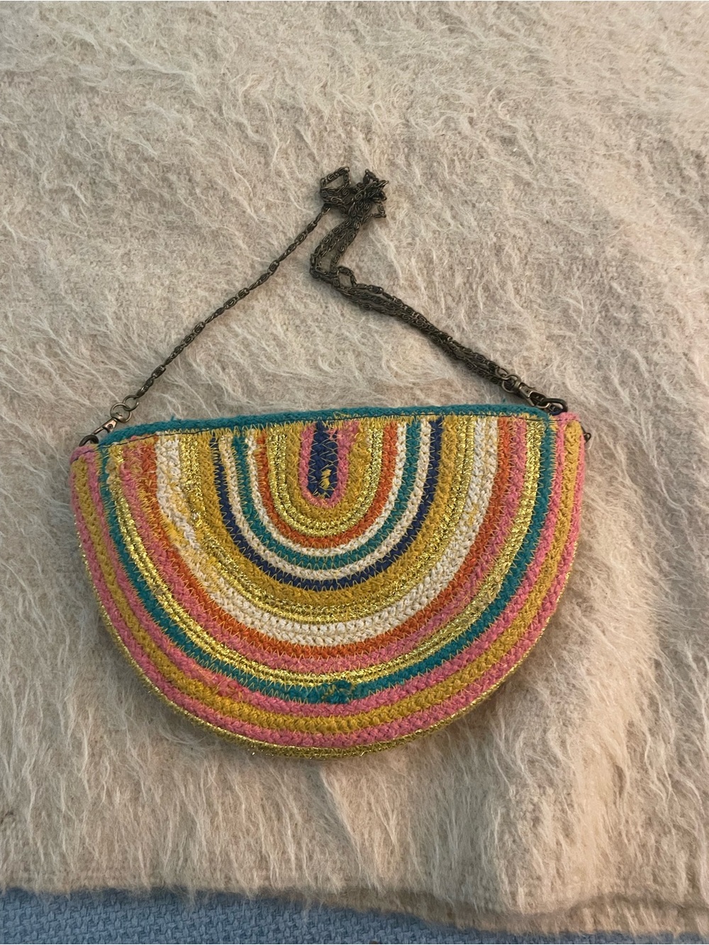Colorful Semi-Circle Handwoven Straw Clutch with Chain Strap